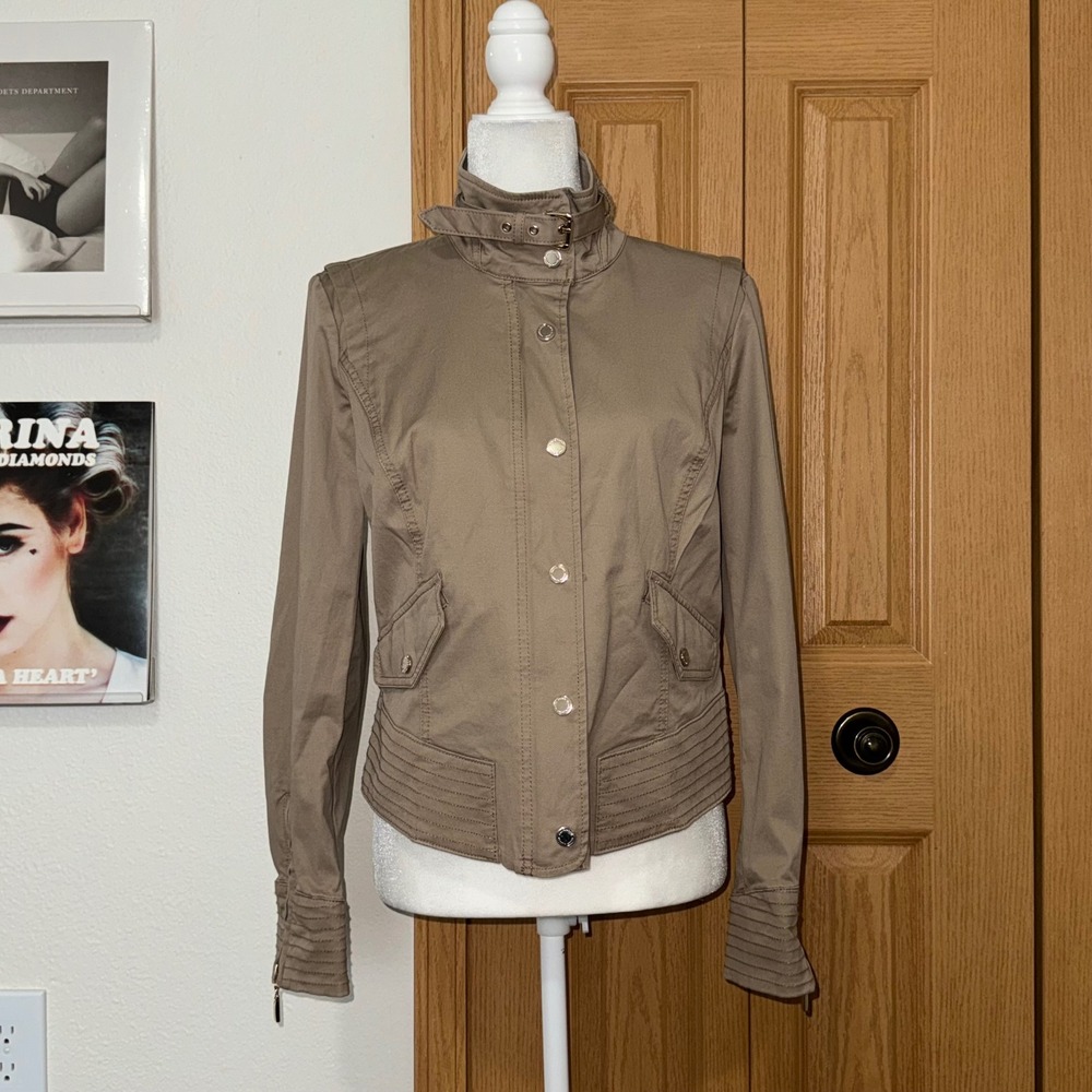 White House Black Market Tan Khaki Military Moto Jacket Funnel Neck Size 10